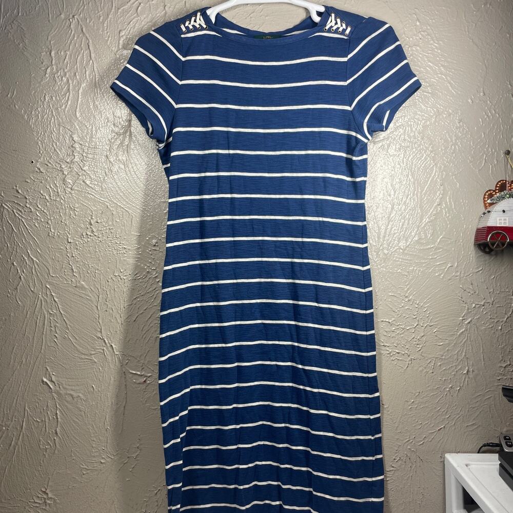 LRL Lauren Jeans‎ Co Blue Lace Detail Shoulder Knit Striped T-Shirt Dress Large